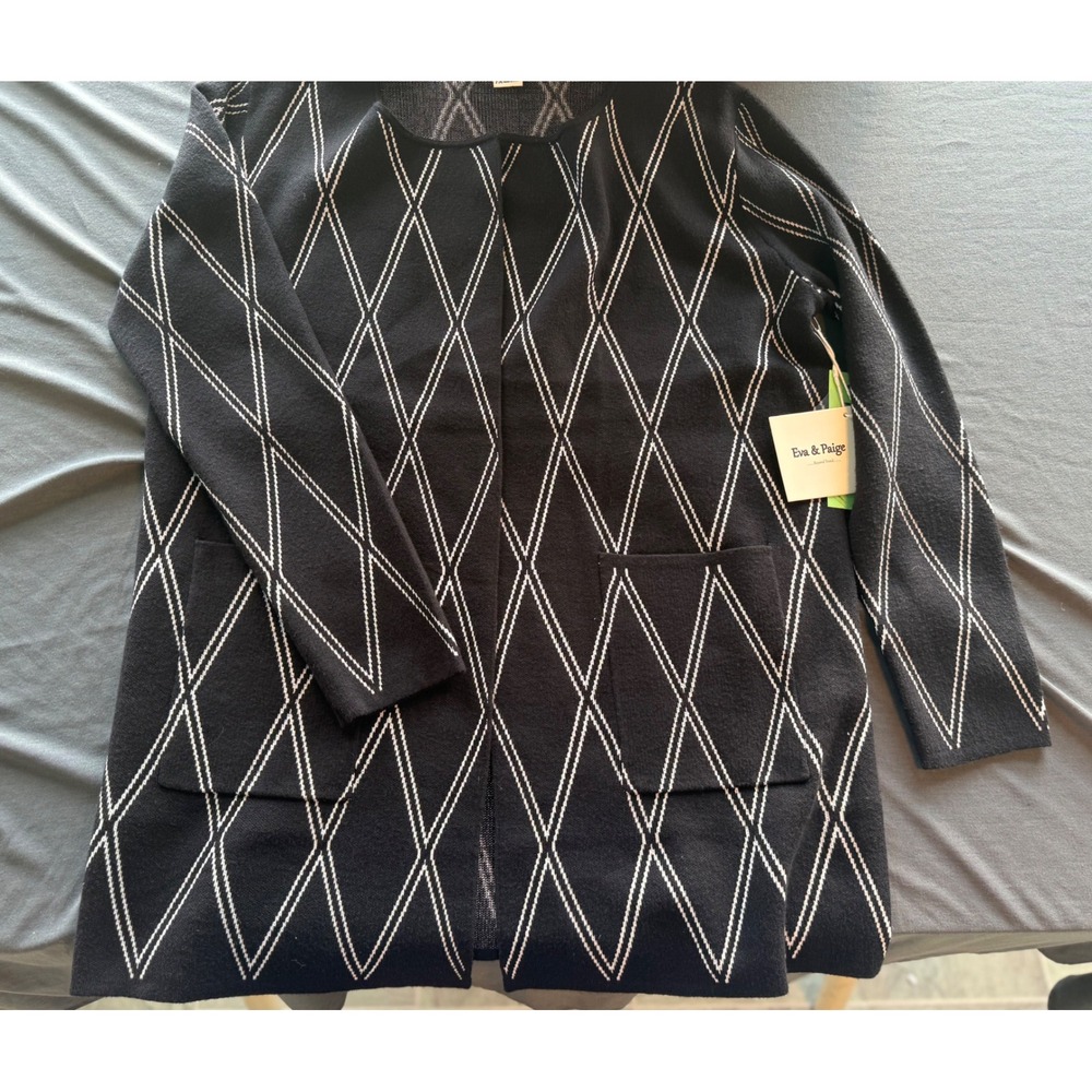 Eva & Paige Black White Diamond Geometric Open Front Cardigan Petite Medium NWT